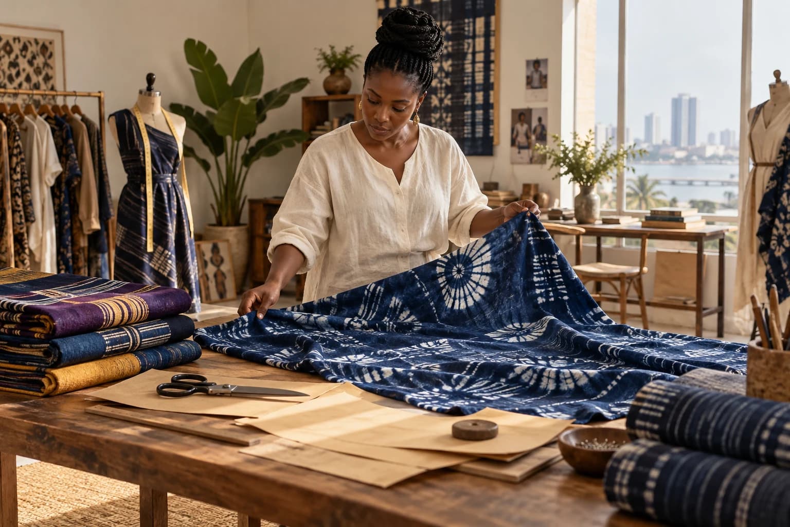 AI editorial: a designer examining indigo cloth in a Nigerian-inspired atelier