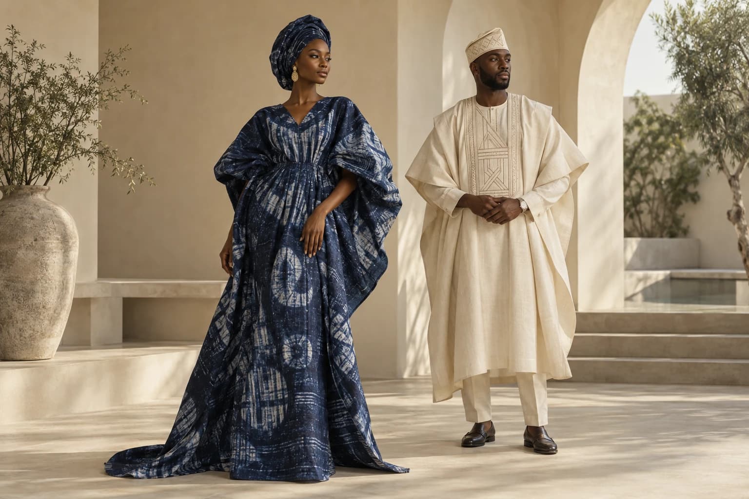 AI fashion editorial: models in an indigo Adire-inspired dress and cream agbada